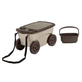Outdoor Rolling Garden Scooter with Wheels & Pull Strap, Light Taupe